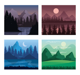 Poster - Landscape of mountains and pine trees frames icons design, nature and outdoor theme Vector illustration