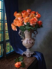 Wall Mural - Still life with splendid bouquet of  orange roses