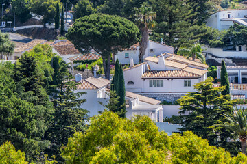 Beautiful aerial view of Mijas - Spanish hill town overlooking the Costa del Sol, not far from Malaga. Mijas known for its white-washed buildings. Mijas, Andalusia, Spain.