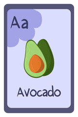 Colorful alphabet letter A - avocado. Phonics flashcard. Food themed ABC cards for teaching reading with foods, vegetables, fruits and nuts. Series of ABC.