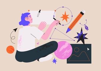 Wall Mural - moman illustrator working in software drawing abstract shapes with stylus pen. designer character fr