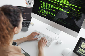 Wall Mural - rear view of programmer upgrading computer system while sitting at the table in front of computer mo