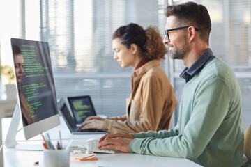 Wall Mural - programmers typing data code working on project in software development company