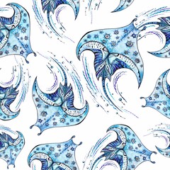manta ray sea animal watercolor and ink pattern