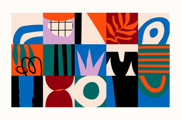 Wall Mural - abstract colorful background. hand drawn square doodle various shapes, spots, drops, curves, lines. 