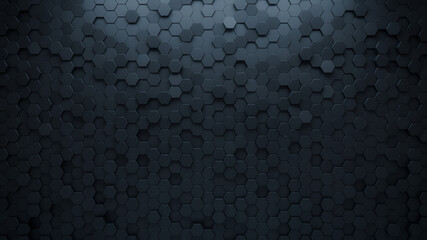 Futuristic, High Tech, dark background, with a hexagonal cellular structure. Wall texture with a 3D hexagon tile pattern. 3D render