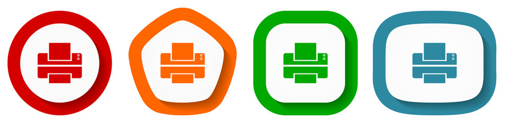 Leinwandbilder - Printer, print vector icon set, flat design vector illustration in 4 colors options for webdesign and mobile applications