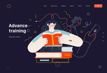 Business topics - advance training, education, skill development, web template. Flat style modern outlined vector concept illustration. Man and woman reading books. Business metaphor.