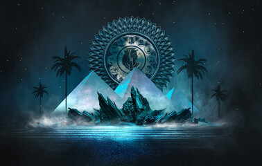 Wall Mural - night landscape, fantasy landscape with abstract egyptian pyramids and the face of nifertiti, cleopa