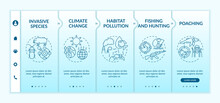 Ecological Damage Onboarding Vector Template. Invasive Species. Climate Change. Habitat Pollution. Responsive Mobile Website With Icons. Webpage Walkthrough Step Screens. RGB Color Concept