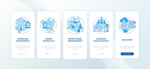 Wall Mural - manager clerical task blue onboarding mobile app page screen with concepts. secretary office work wa