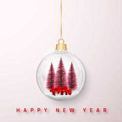 Wall Mural - Festive Christmas background. Christmas pine tree and shiny glitter glowing Christmas balls. Vector illustration