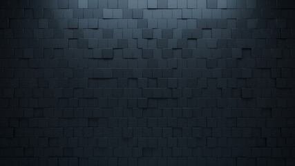 Futuristic, High Tech, dark background, with an offset square block structure. Wall texture with a 3D cube tile pattern. 3D render