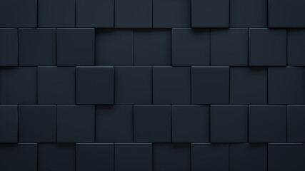 Futuristic, High Tech, dark background, with an offset square block structure. Wall texture with a 3D cube tile pattern. 3D render