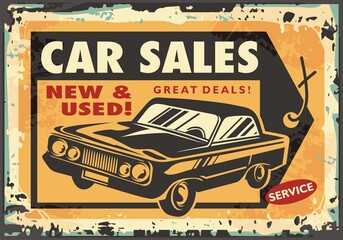 Wall Mural - Car sales vintage sign with price tag and classic automobile. Retro ad design for cars dealer. Vector transportation poster.