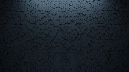 Futuristic, High Tech, dark background, with a diamond shape block structure. Wall texture with a 3D diamond tile pattern. 3D render