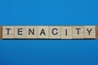 gray word tenacity in small square wooden letters with black font on a blue background