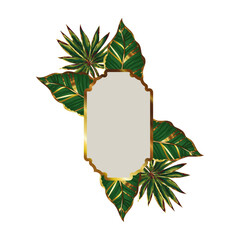 Wall Mural - frame of gold color with green leaves on white background