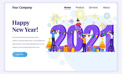 Landing page design concept of Happy new year 2021. People engaged in decorating on giant 2021 number celebrating new year's eve. Flat vector illustration