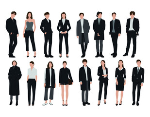 Wall Mural - Vector of young businessman and women with suit, Business people, group of men and women, wearing working outfit, standing in white background