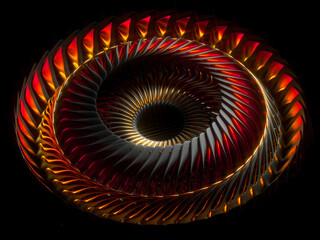 Wall Mural - 3d render of abstract art with part surreal 3d machinery industrial turbine jet engine or wheel in spherical spiral twisted shape with sharp fractal blades in glowing red gold and black titanium metal