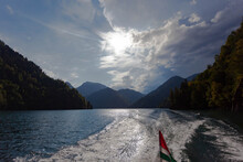 View From The Stern Of The Boat On Lake Rizza In Abkhazia