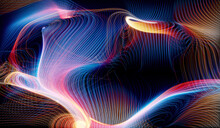 3d Render Of Abstract Art Of Surreal Fantasy Magic Mystery Background Based On Curve Round Twisted Spirals Glowing Bloom Lines Strings In Neon Purple Yellow  And Blue Gradient Color