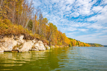 Wall Mural - autumn forest trees are reflected in the river water of the panoramic landscape. blue sky with cloud