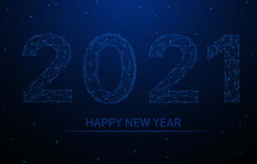 Wall Mural - 2021 New Year illustration made by points and lines, polygonal wireframe light connection structure on night sky, dark blue background. Low poly greeting card. Vector.glowing blue.