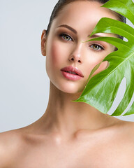 Wall Mural - beautiful woman with green leave near face and body. closeup girl's face with green leave. skin care