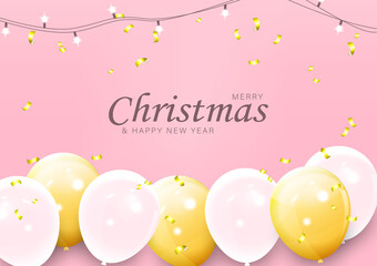 merry christmas and happy new year banner with balloon and pink background