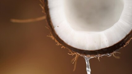 Canvas Print - Coconut pouring water, dripping coconut milk, drops of coco nuts oil over brown background. Tropical Coco nut closeup. Healthy Food, skin care concept.