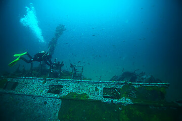 Wall Mural - shipwreck diving landscape under water, old ship at the bottom, treasure hunt