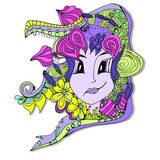 Fototapeta  - The face of an alien girl with a psychedelic hairstyle. The hair is braided with flowers, leaves and decorative elements. Bright fashionable makeup and image. Natural motives doodle.