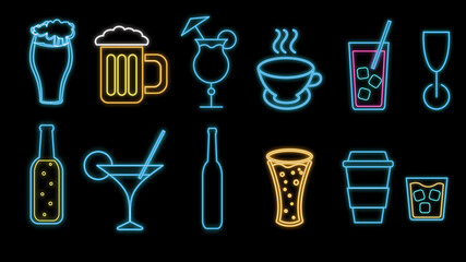 Wall Mural - Set of multicolored abstract neon glowing shiny icons, signs of alcoholic drinks for the bar, cafe: cocktails, glasses, beer, bottles, whiskey, coffee, tea on a white background. illustration