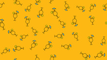 Texture Seamless Pattern Of Beautiful Nice Tasty Refreshing Alcoholic Drinks Cocktails With A Straw Slice Of Lemon And Ice On A Yellow Orange Background.  Illustration