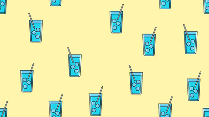 Wall Mural - Seamless pattern of blue repeating alcoholic cocktails in a glass with ice and a straw on a yellow background. illustration