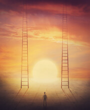 Two Ladders Going Up To The Sky. Conceptual Scene, Person Stands In Front Of A Decisive Choice.  Surreal Stairways To Paradise Against Sunset Background. Difficult Dilemma To Choose The Right Way