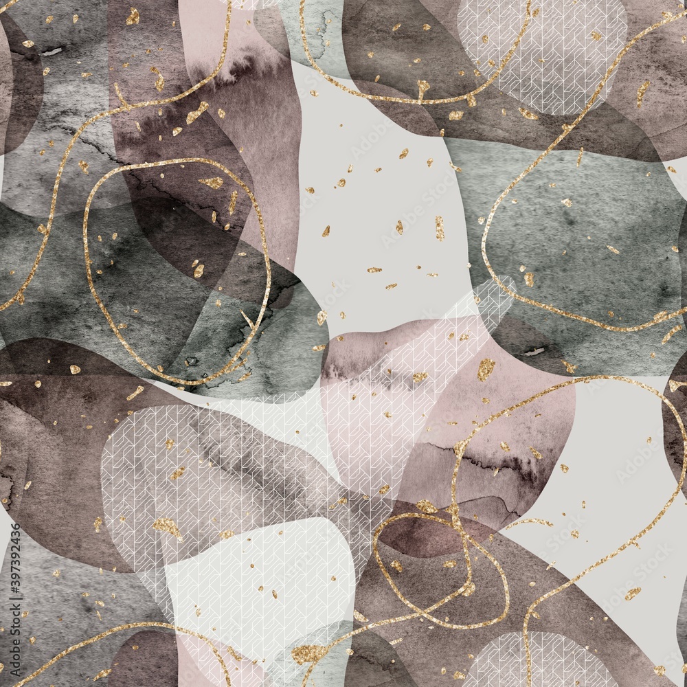 Seamless minimalist abstract watercolor paint and gold blobs shapes ...