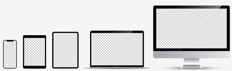Wall Mural - Device screen mockup. Realistic set: Smartphone, tablet, laptop and monoblock monitor. Devices silver color with blank screen for you design. Realistic vector illustration EPS10