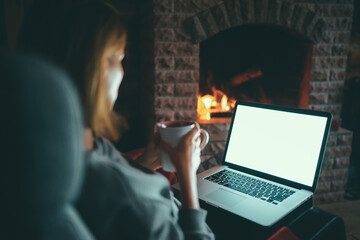 Cozy home. Pretty young woman working on laptop computer near the fireplace. Copy space on the screen.