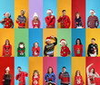© New Africa - Collage with photos of adults and children in different Christmas sweaters on color backgrounds