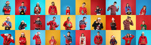 Collage With Photos Of Adults And Children In Different Christmas Sweaters On Color Backgrounds. Banner Design