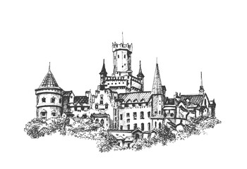 Medieval castle. Vector drawing, sketch