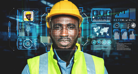 Facial recognition technology for industry worker to access machine control . Future concept interface showing digital biometric security system that analyze human face to verify personal data .