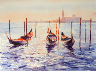 Wall Mural - Venice gondolas on San Marco square at sunset, Venice, Italy. Venice Grand Canal. Picture created with watercolors.