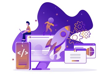 Development and software. Concept of programming, data processing. Computer code with big rocket and astronaut. Tiny people illustration. . Vector illustration