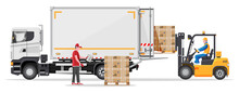 Forklift Loading Pallet Boxes Into Truck. Warehouseman With Checklist. Electric Uploader Loading Cardboard Boxes In Delivery Car. Logistic Shipping Cargo. Storage Equipment. Flat Vector Illustration