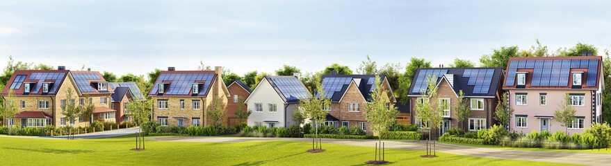 Beautiful new homes with solar panels on the roof