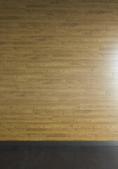 Wall Mural - Wooden planks wall with solid black bulk floor and black skirting board. 3d render. Vertical composition